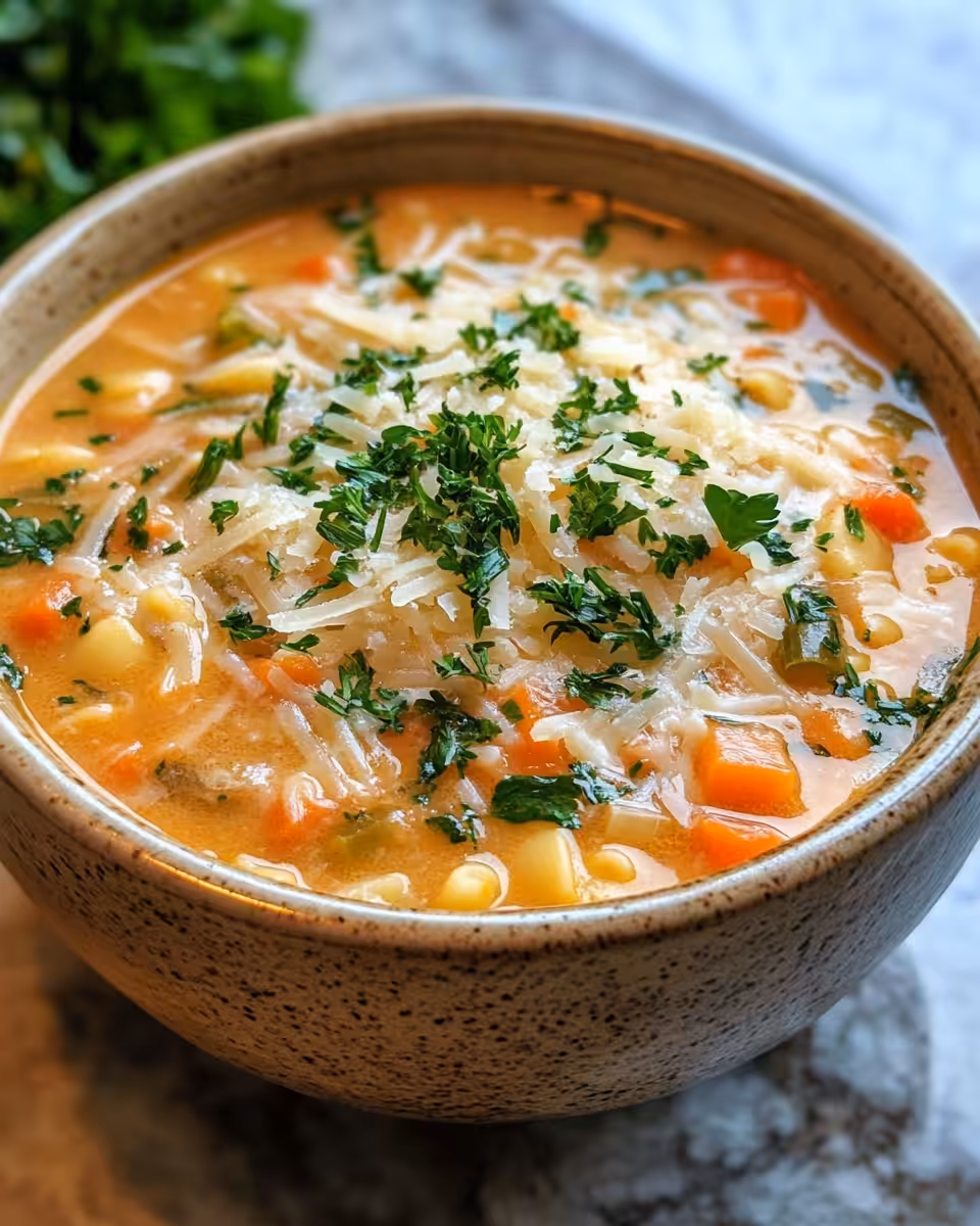 Bowl of Italian pastina soup with chicken and fresh herbs ready to serve