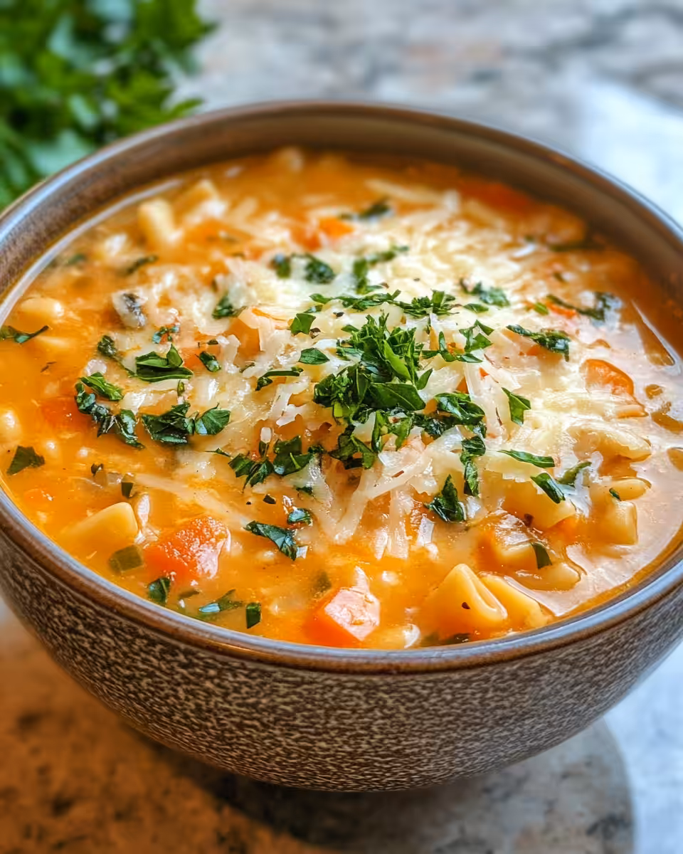 Steam rising from pressure cooker filled with Italian pastina soup, aromatic and rich