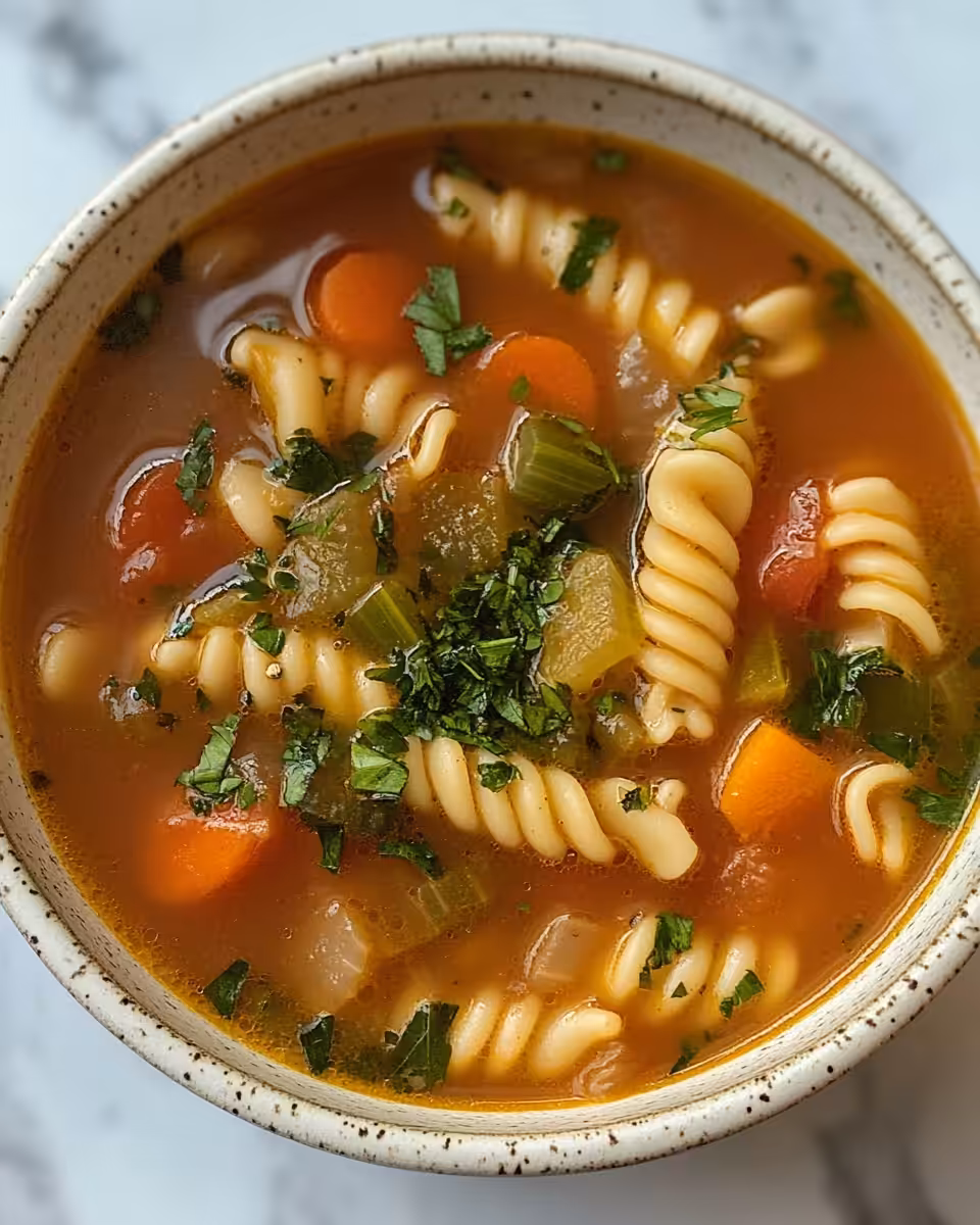 Serving bowl of tender chicken soup with fresh herbs and parmesan garnish