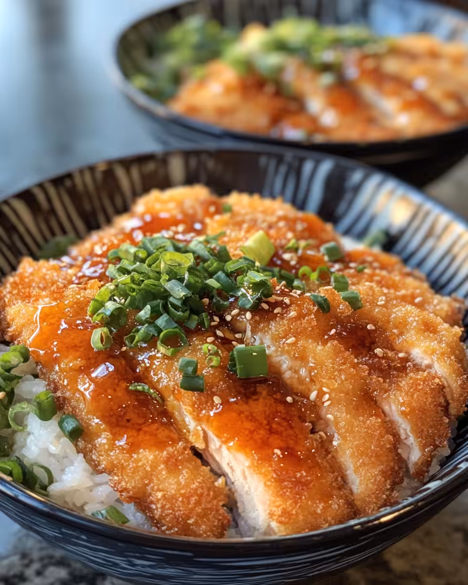 Final assembled Easy Chicken Katsu Bowls with curry mayo sauce drizzled on top