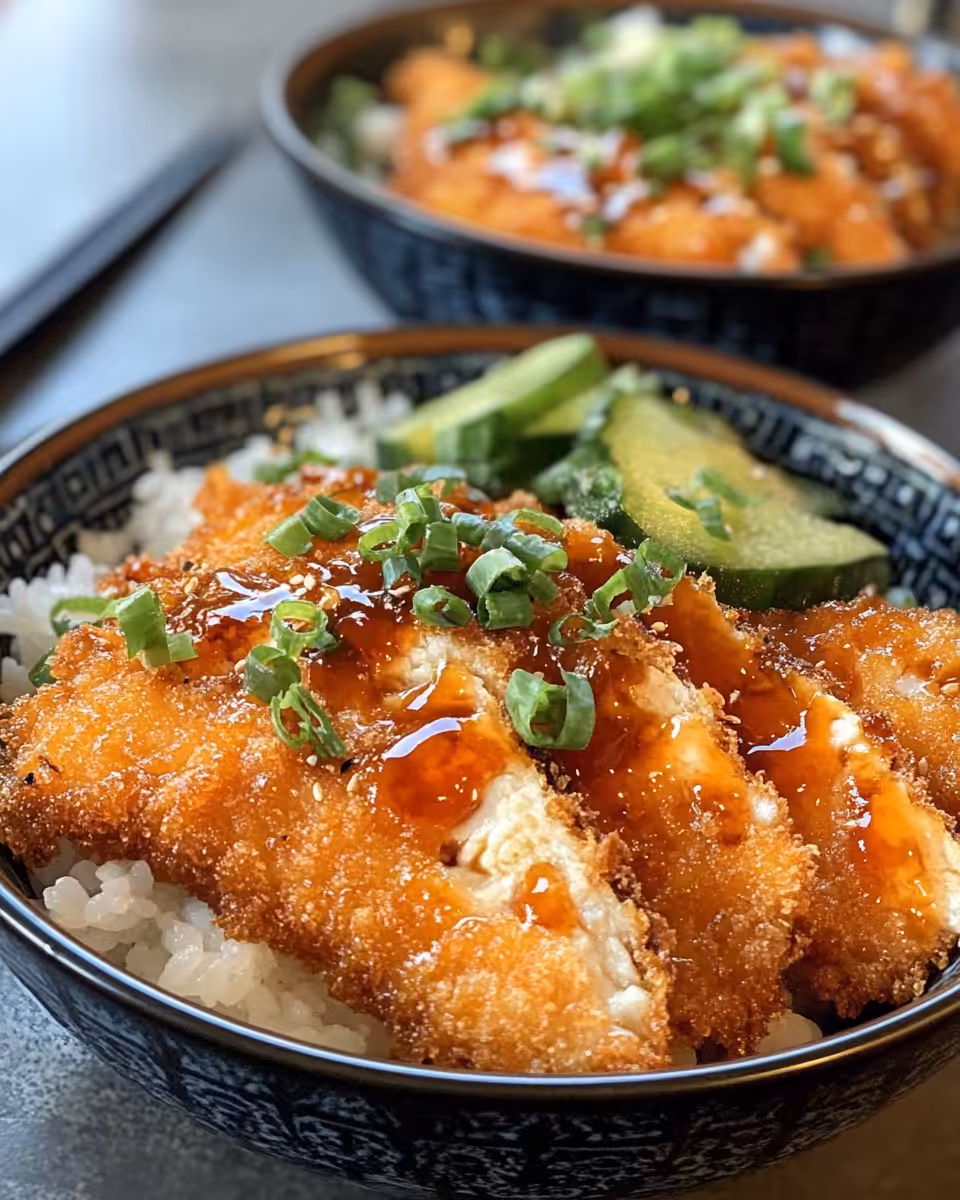 Close-up of Easy Chicken Katsu Bowls with crispy chicken and fresh toppings