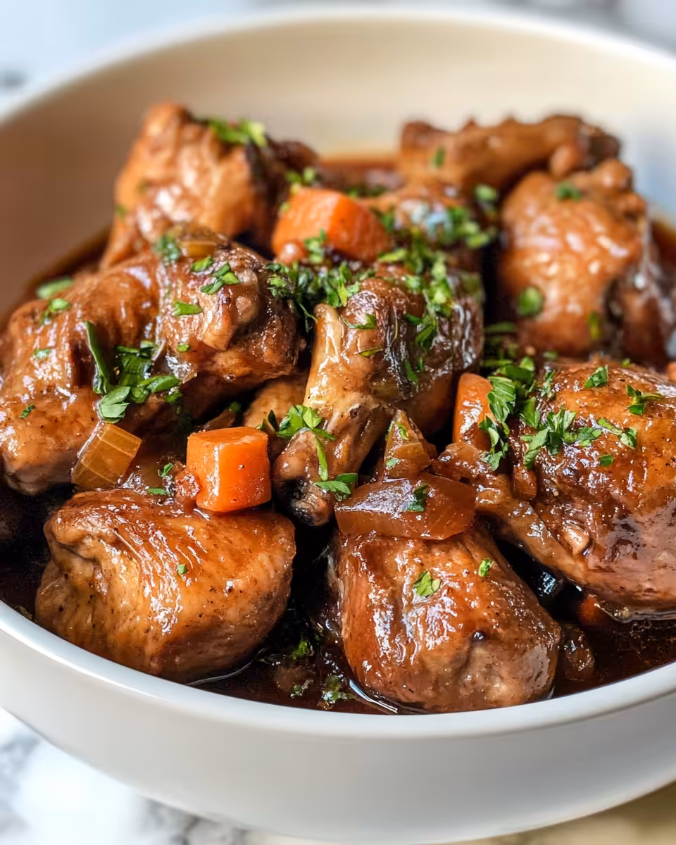 Final plated coq au vin served with mashed potatoes