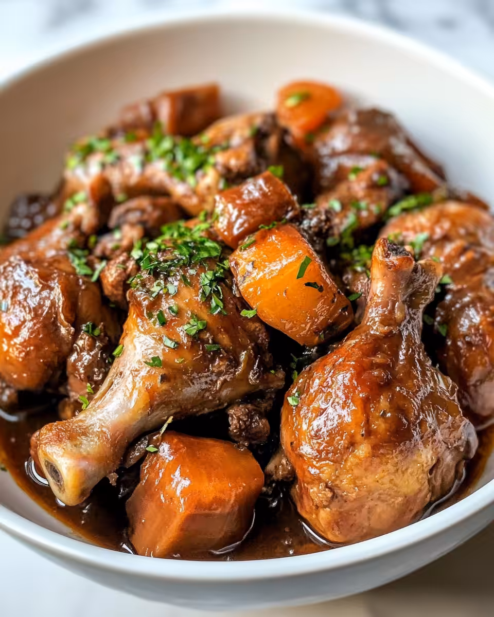 Steaming pot coq au vin smells filling kitchen with aromas