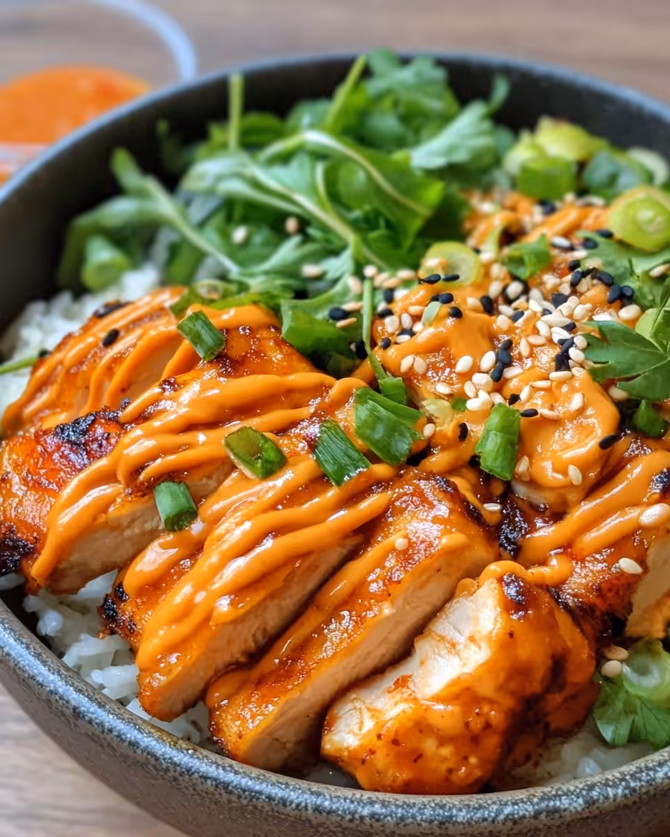 Finished Korean BBQ chicken bowl with gochujang sauce served