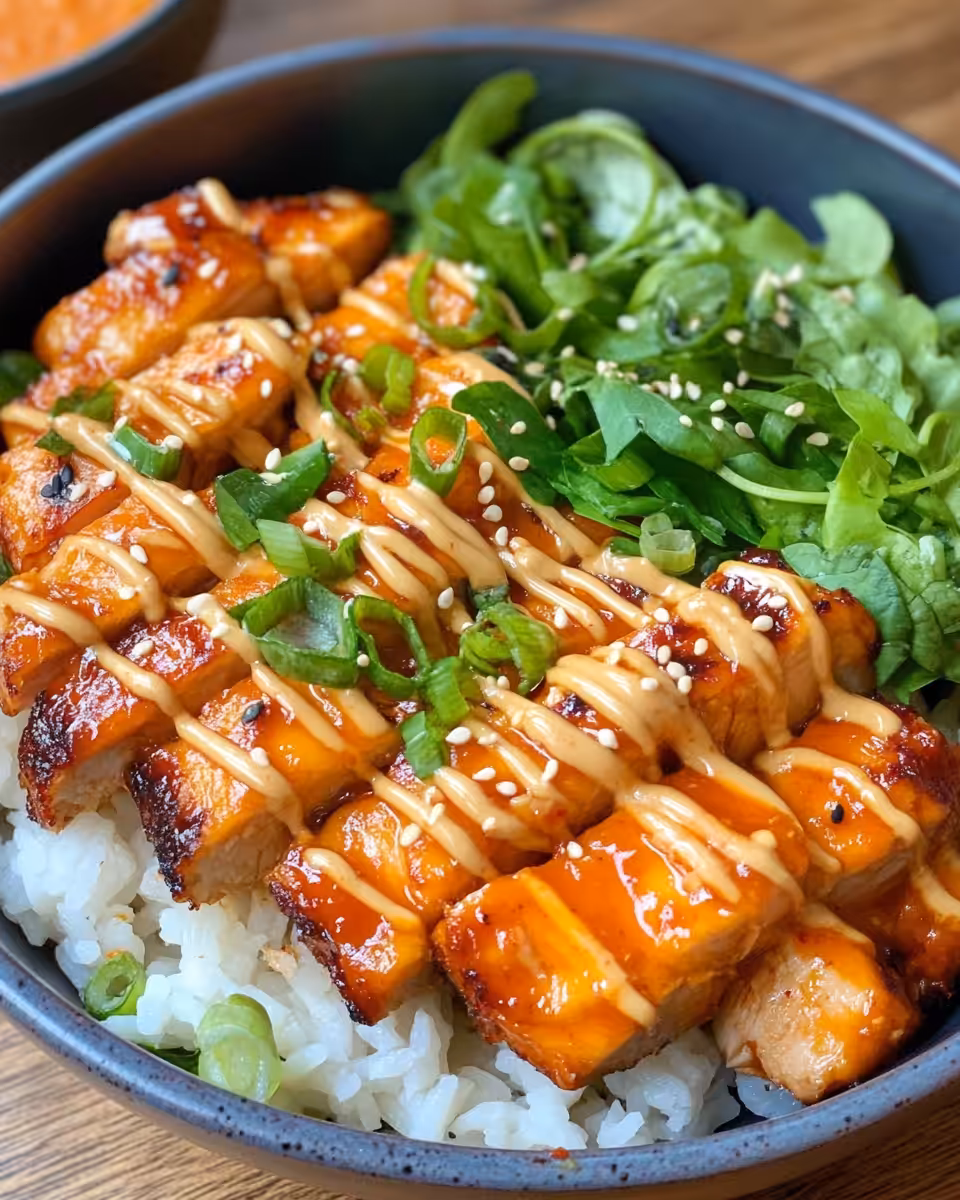 Close-up of Korean BBQ chicken bowls with rich gochujang cream sauce
