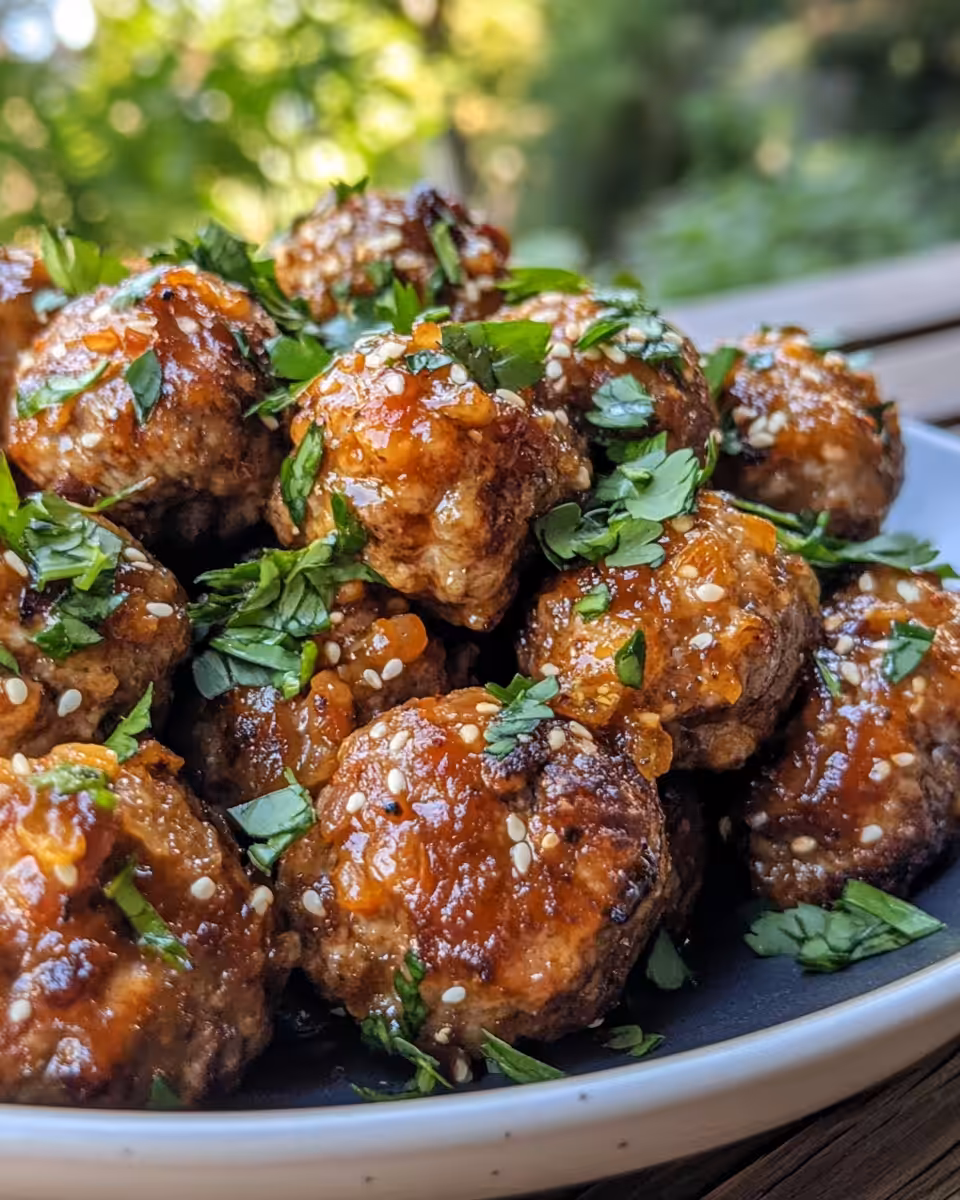 Plated Korean BBQ meatballs with glossy glaze served with dipping sauce