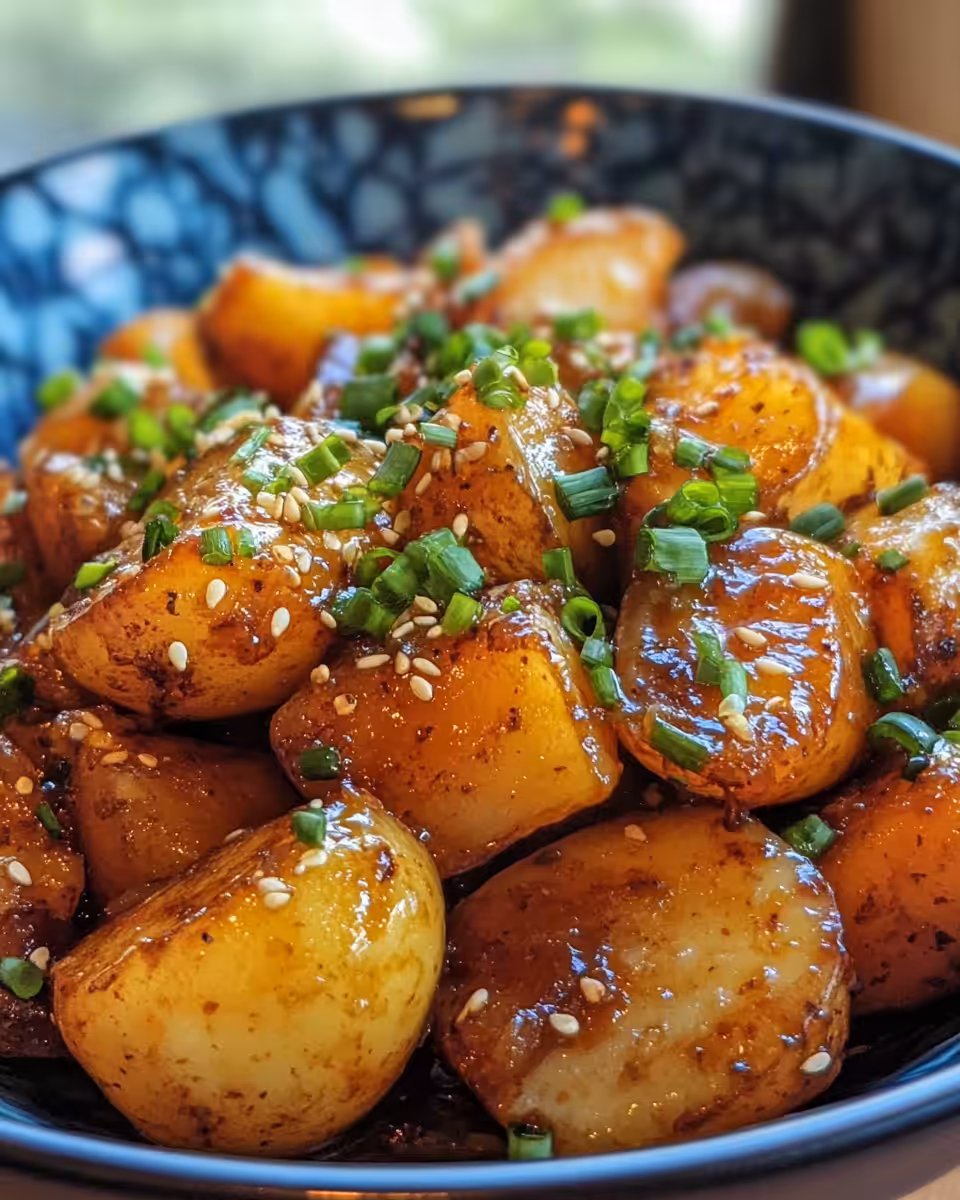 Serving bowl of Korean braised potatoes finished with sesame seeds