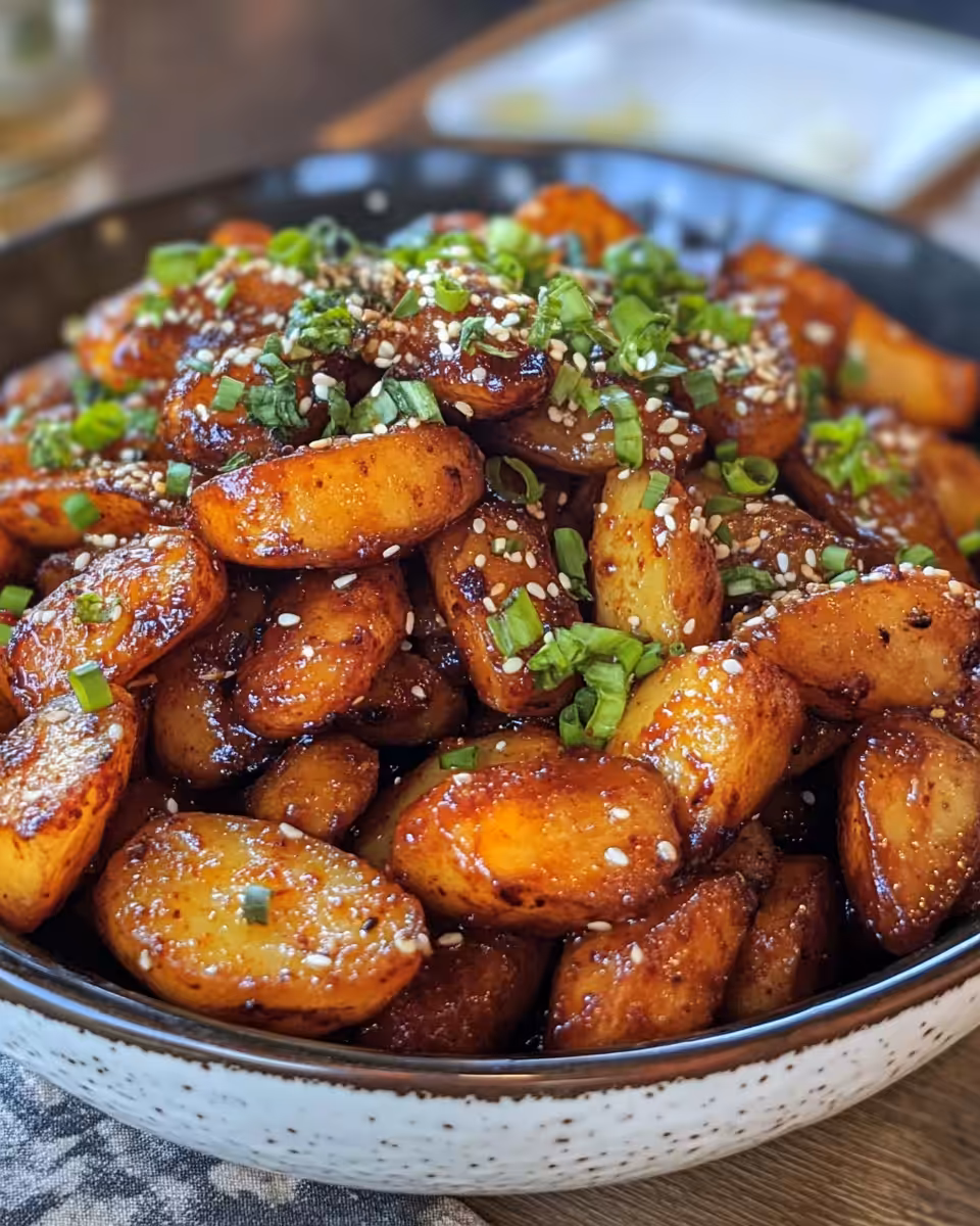 Final Korean crispy chili potatoes served in a bowl with sesame seeds