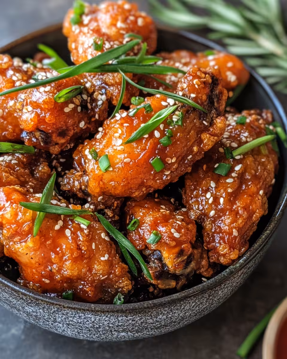 Serving of Korean fried chicken garnished with scallions and sesame seeds