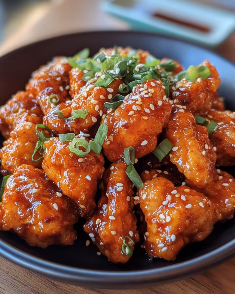 Plated Gochujang chicken ready to serve with scallions