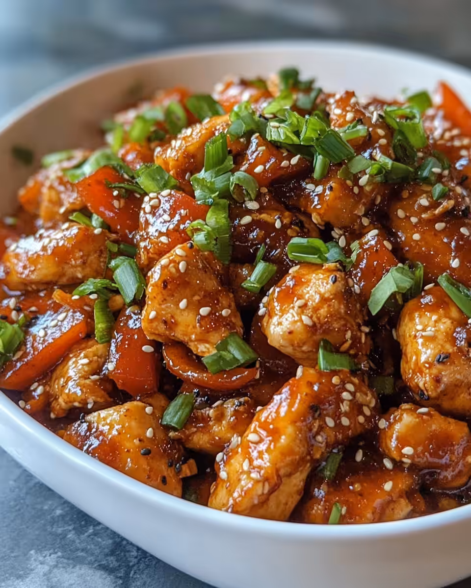 Finished Dakgalbi dish served with sesame seeds and perilla leaves garnish