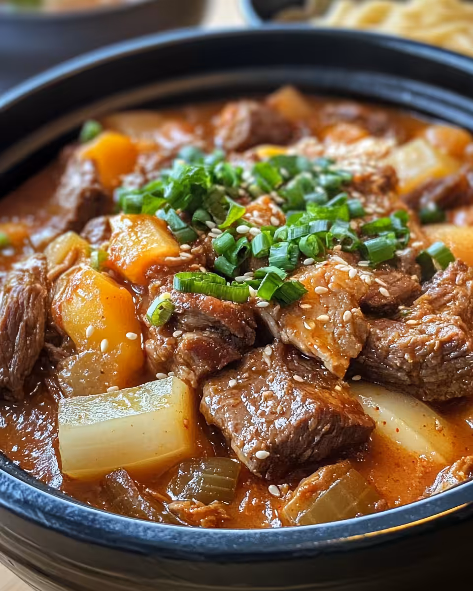Pressure cooker with Korean style pot roast cooking inside