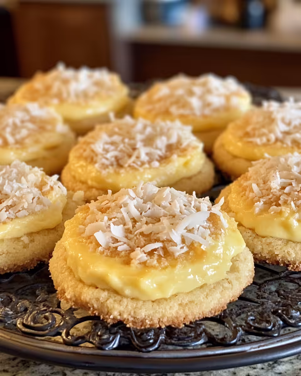 Finished lemon coconut cheesecake bites dipped in white chocolate with yellow tint