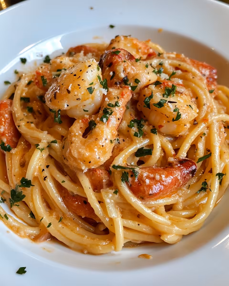 Served Lobster Bucatini pasta with creamy sauce and fresh basil garnish