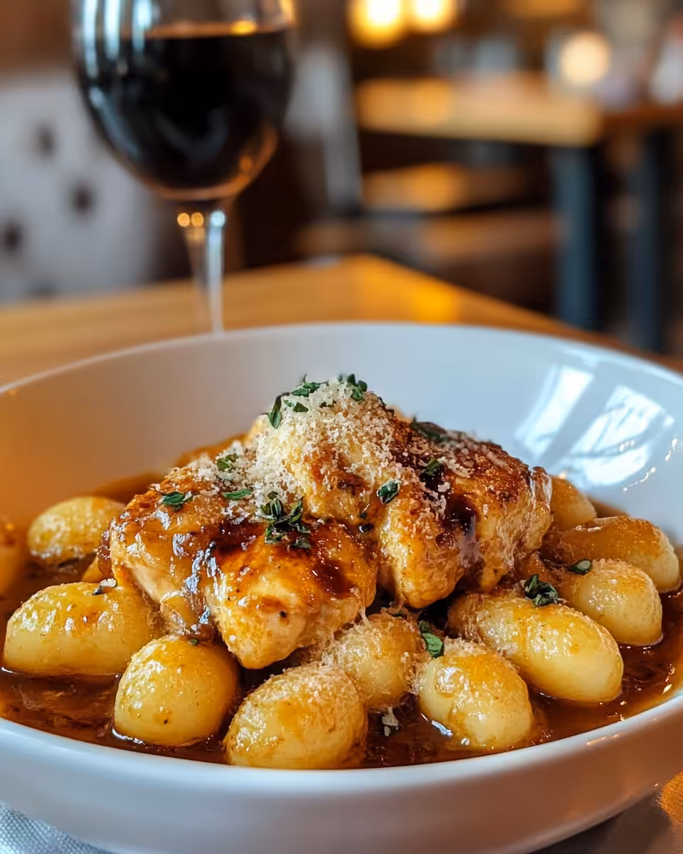 Final served Marry Me Chicken Gnocchi in creamy sauce garnished with herbs