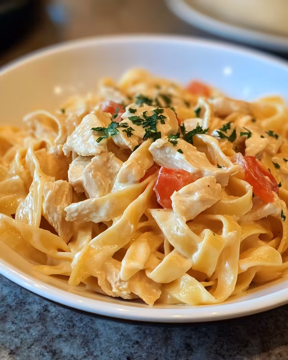 Served creamy marry me chicken pasta garnished with fresh herbs and parmesan