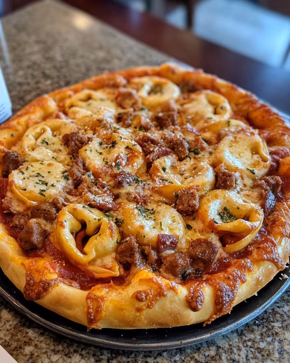 Ingredients layered in baking dish for pizza tortellini bake