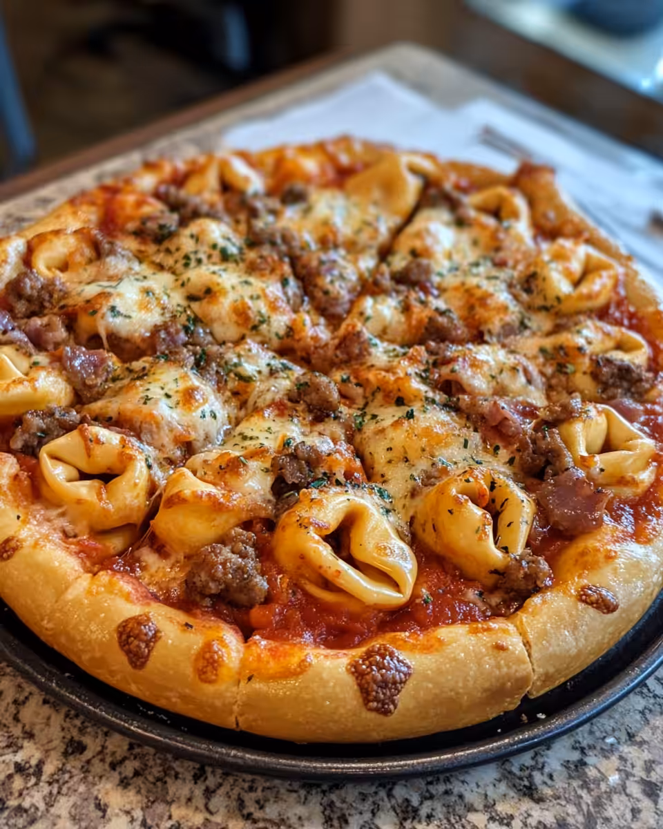 Finished golden bubbly pizza tortellini bake with fresh basil garnish