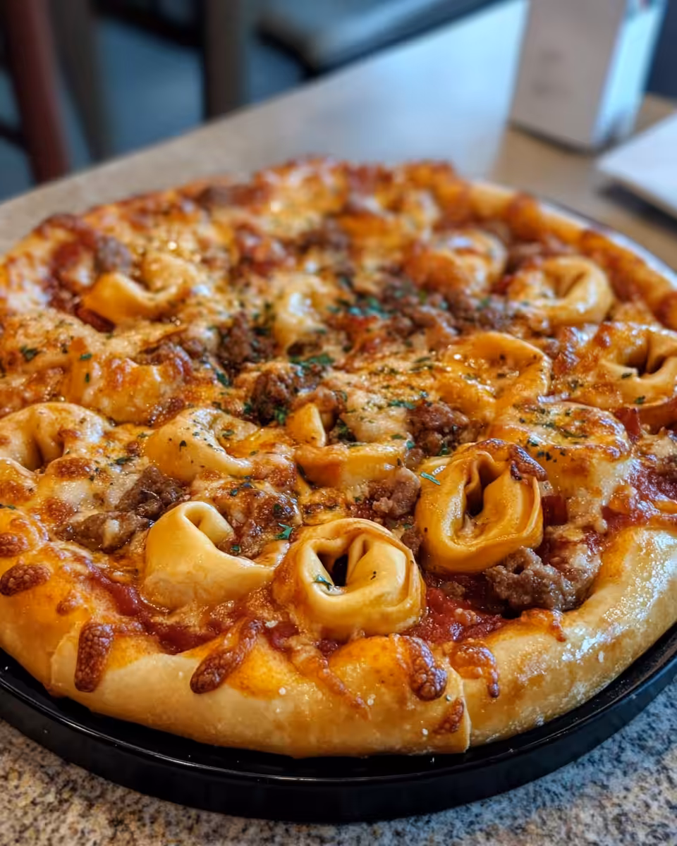 Close-up of meat lovers pizza tortellini just cooked in pressure cooker