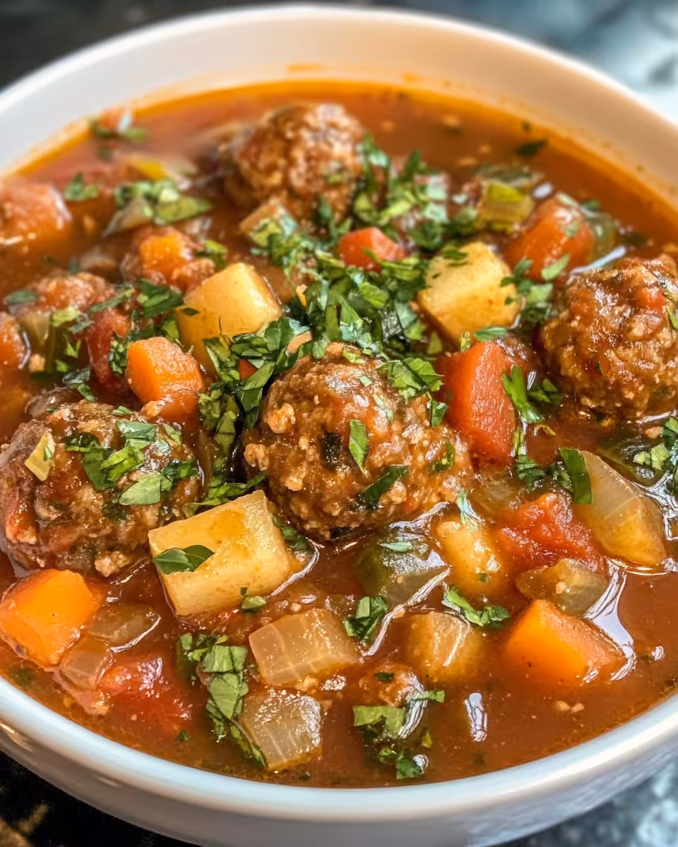 Ingredients laid out for meatball stew including ground beef, onions, carrots, and peas