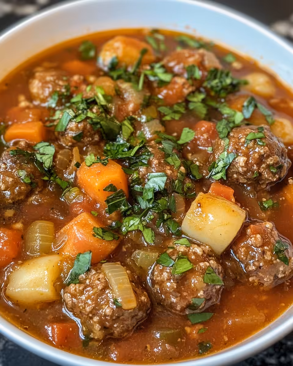 Ready to serve meatball stew with tender meatballs and vegetables in a creamy broth