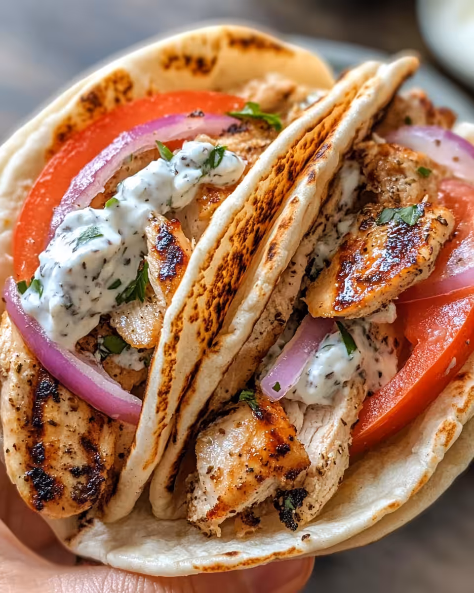 Served Mediterranean chicken gyros with creamy feta tzatziki sauce