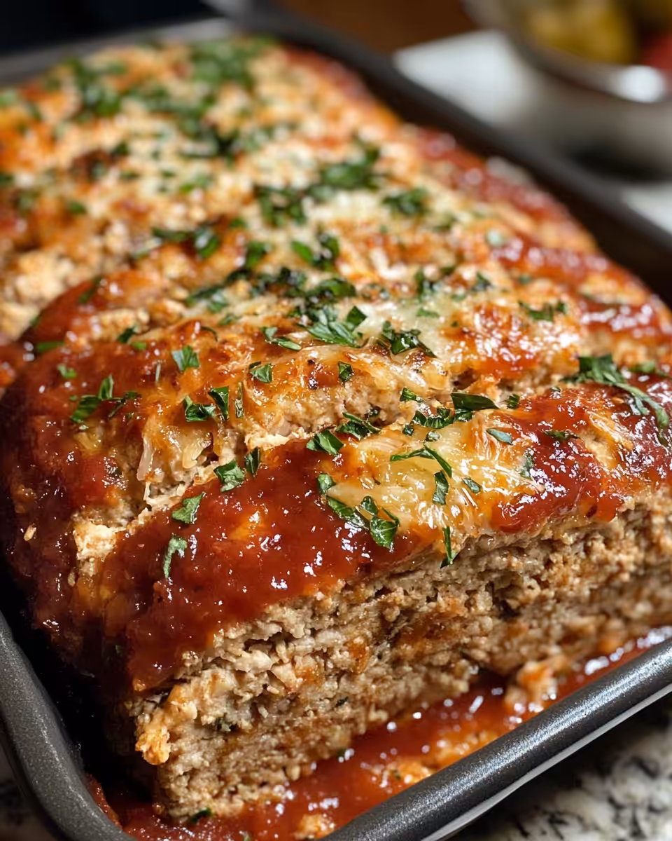 Sliced garlic Parmesan chicken meatloaf served on plate