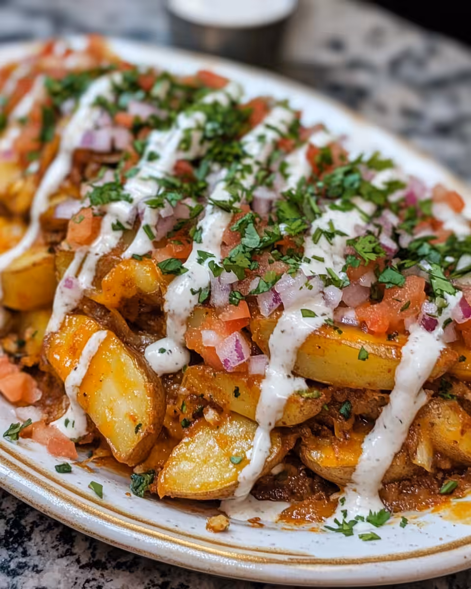 Final plated Mexican Potatoes garnished with cilantro and melted Parmesan