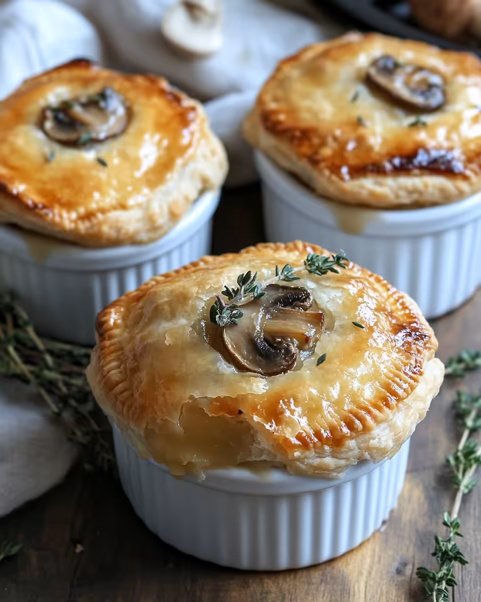 Close up of a mini mushroom pot pie cut open to show filling