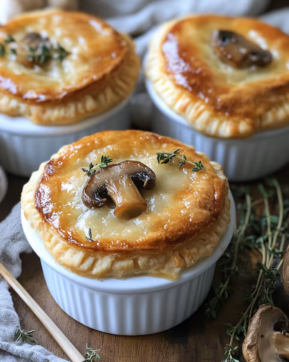 Mini mushroom and gruyere pot pies baking in oven
