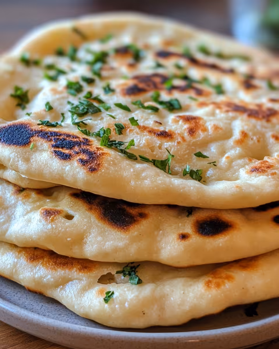 Golden cooked naan bread with butter and coriander