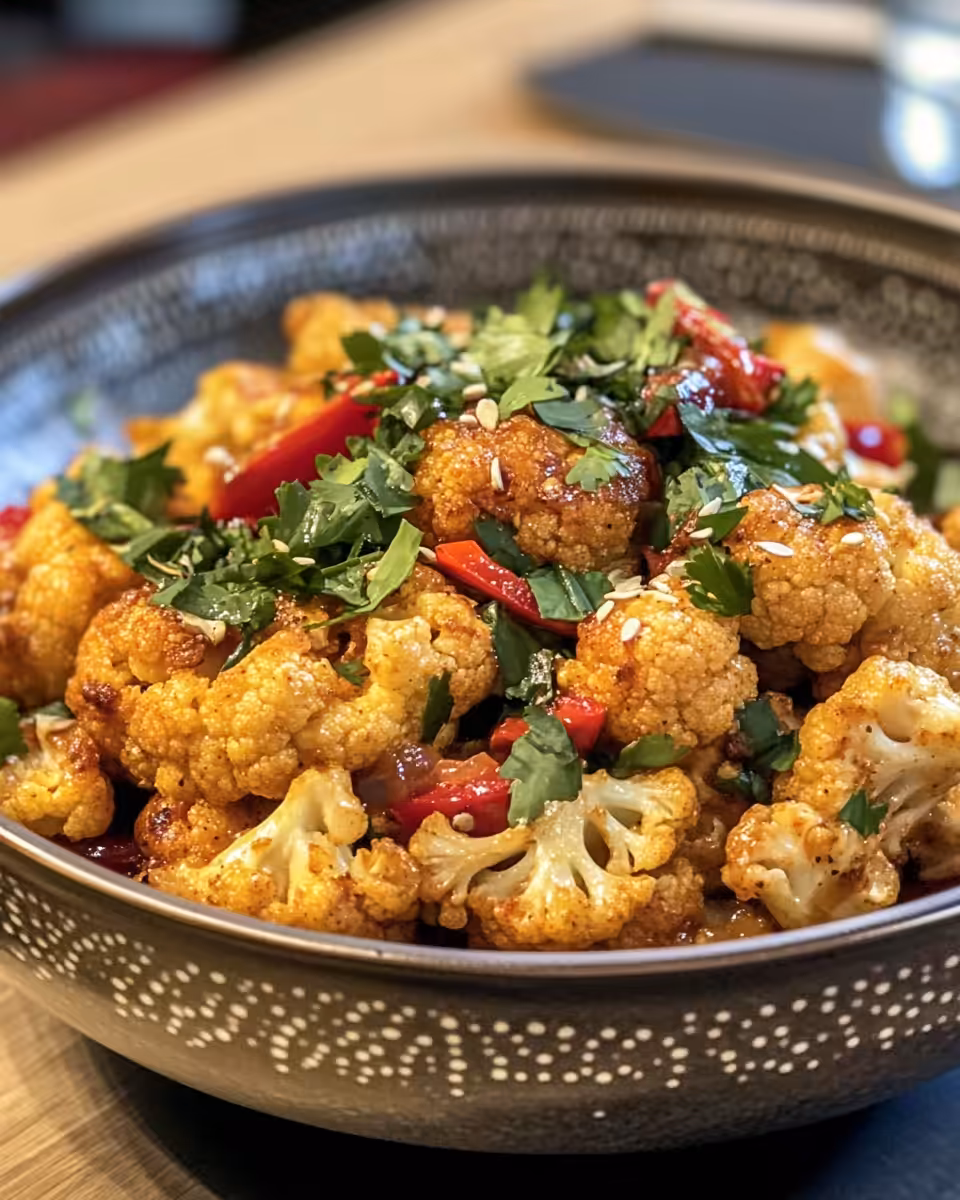 Served Moroccan roasted cauliflower and carrots drizzled with tahini honey sauce
