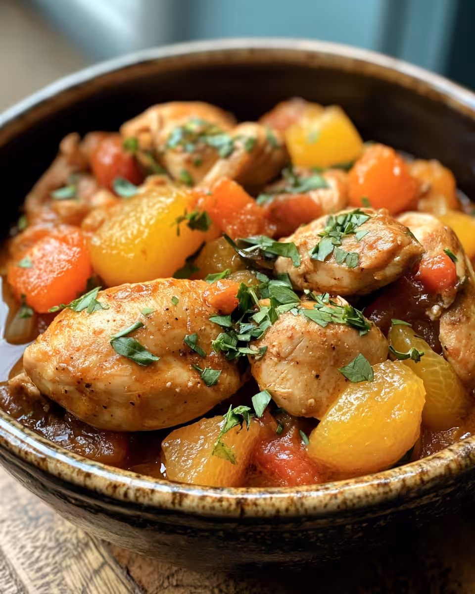 Served citrus chicken tagine garnished and ready to eat