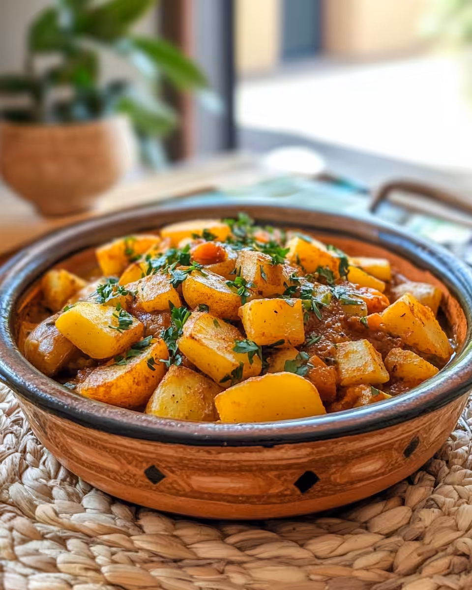 Ingredients for Moroccan potato tagine including carrots, potatoes, and spices displayed