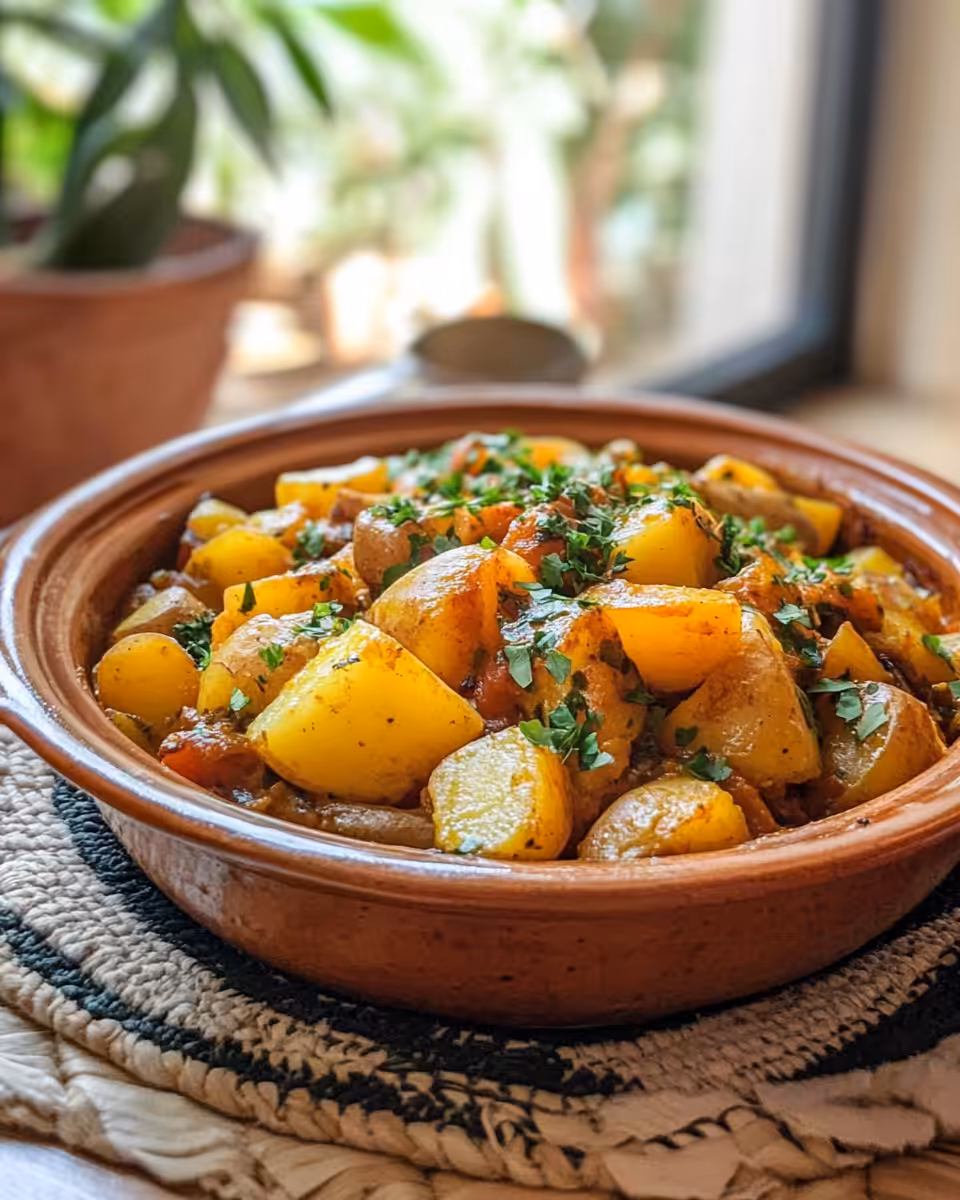 Final cooked Moroccan potato tagine served in a bowl garnished with fresh parsley