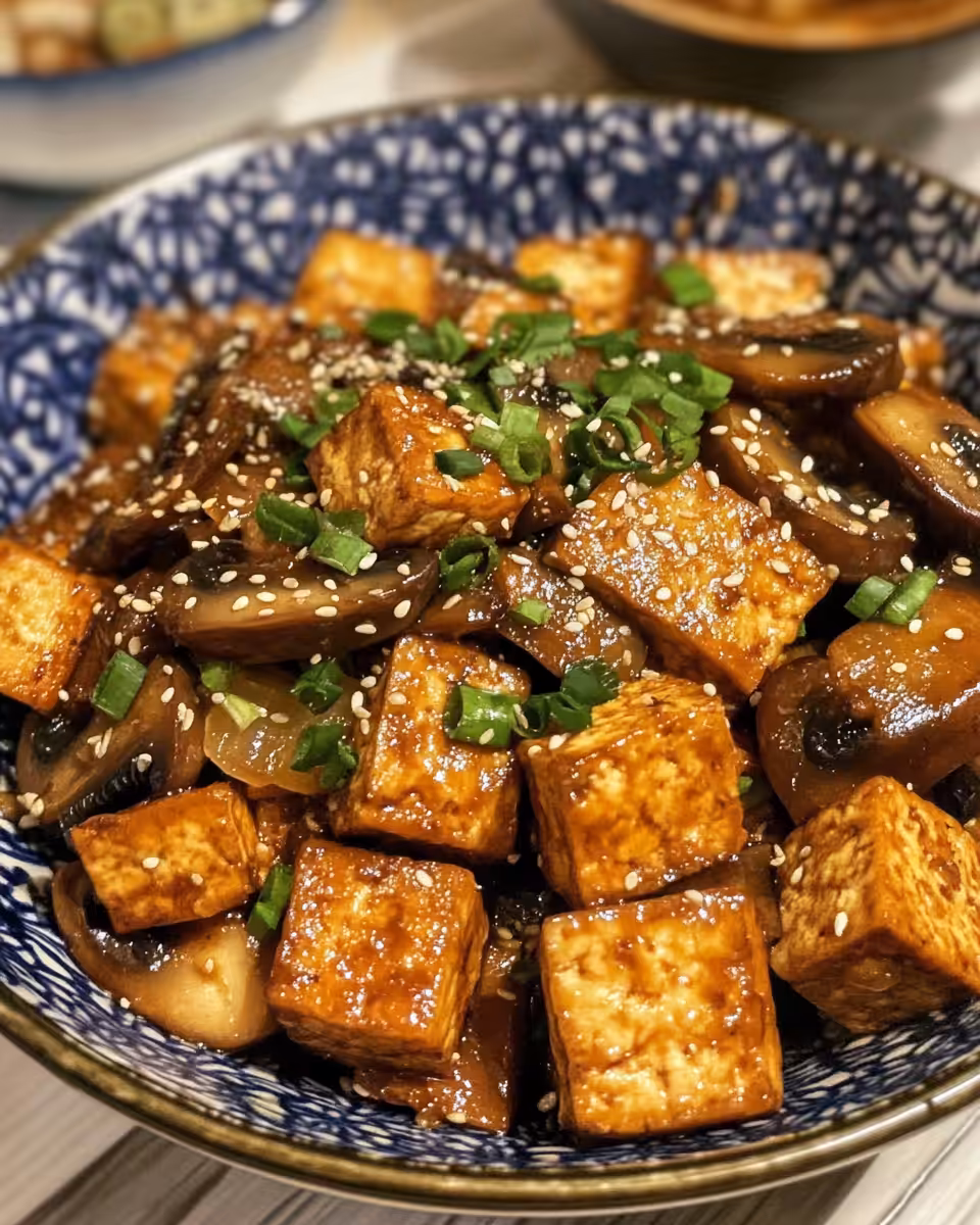 Finished tofu mushroom stir-fry served with green onions ready to eat