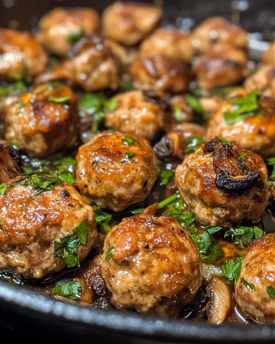 Sautéed finely chopped mushrooms in olive oil for meatball mixture
