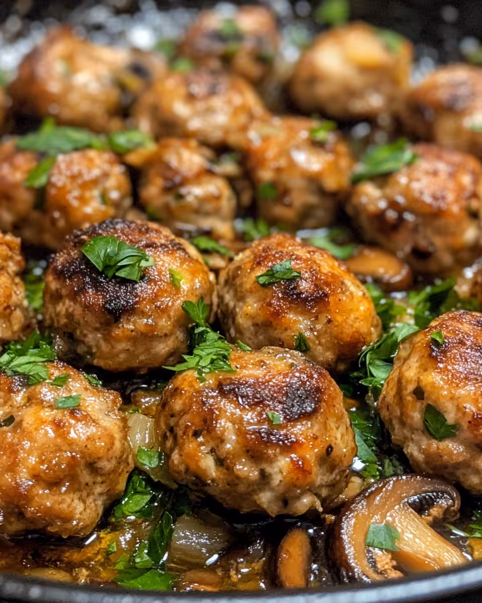 Golden baked chicken meatballs served with sautéed mushrooms and sauce