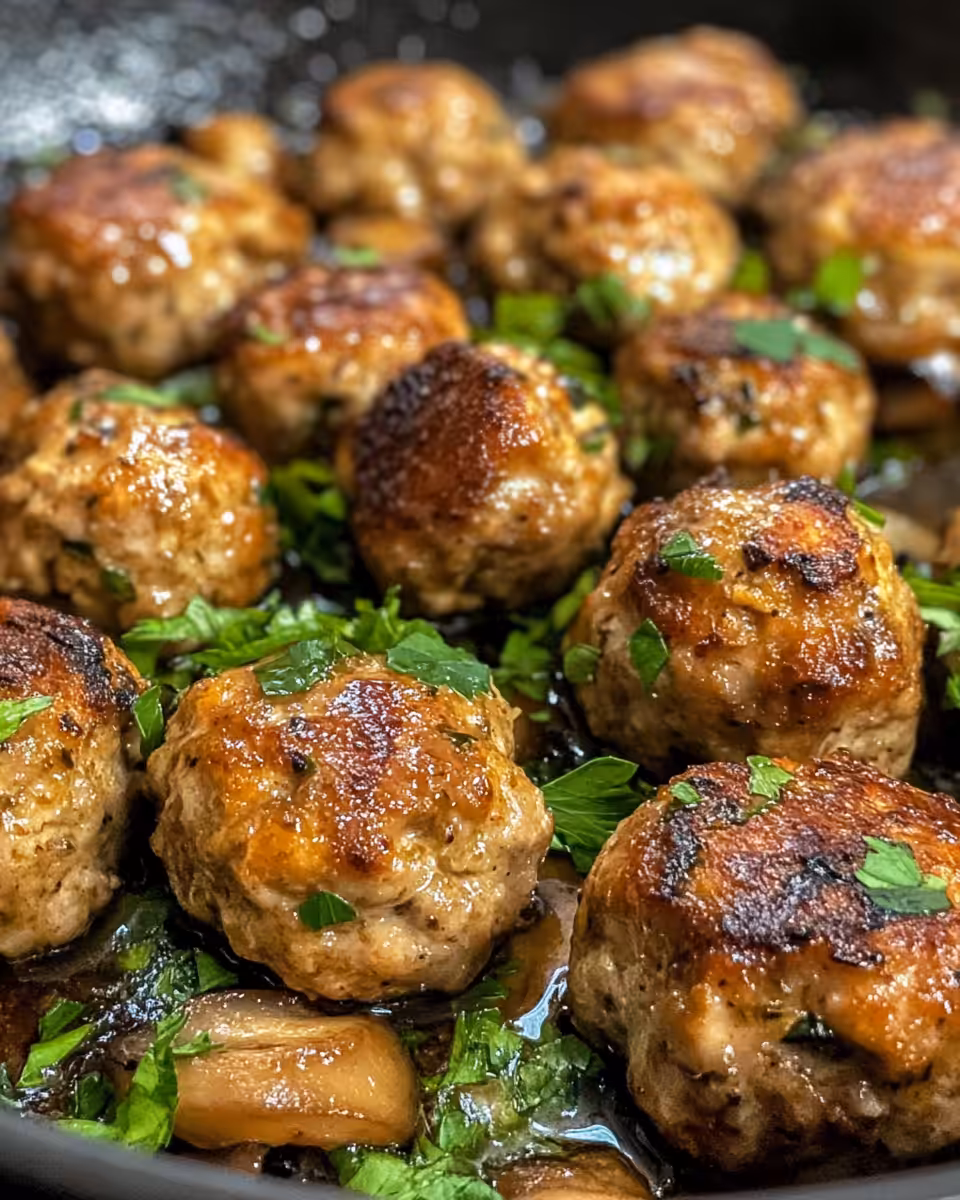 Close-up of delicious mushroom chicken meatballs freshly cooked
