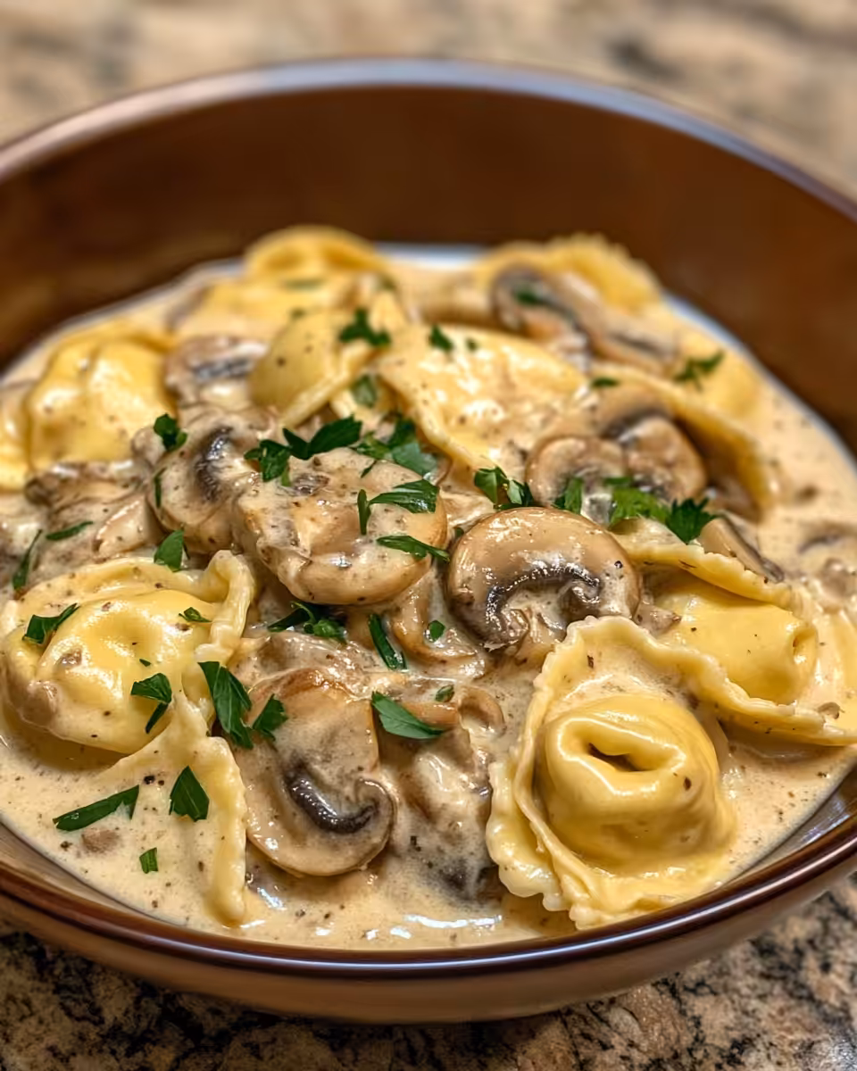 Ingredients for mushroom cream sauce tortellini including mushrooms, garlic, spinach and cheese