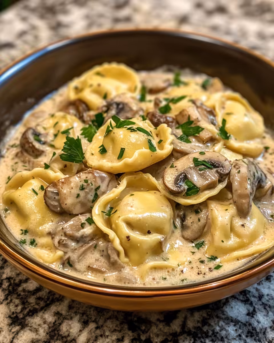 Creamy mushroom tortellini served warm with a sprinkle of Parmesan cheese