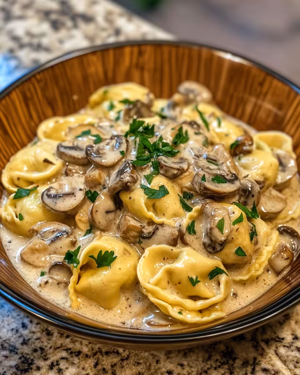 Creamy mushroom and tortellini cooking inside pressure cooker with sealing ring and float valve