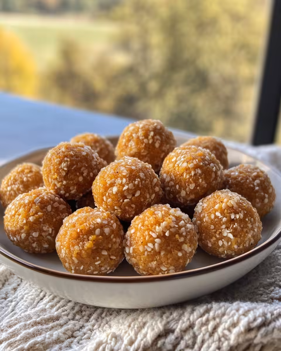 Close up of one pumpkin protein ball with melted chocolate and peanut butter