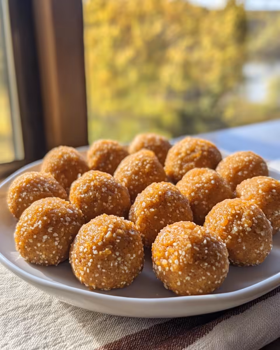 Close up of no bake pumpkin protein balls fresh from the pressure cooker