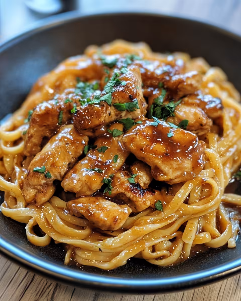 Served caramel chicken with noodles ready to enjoy