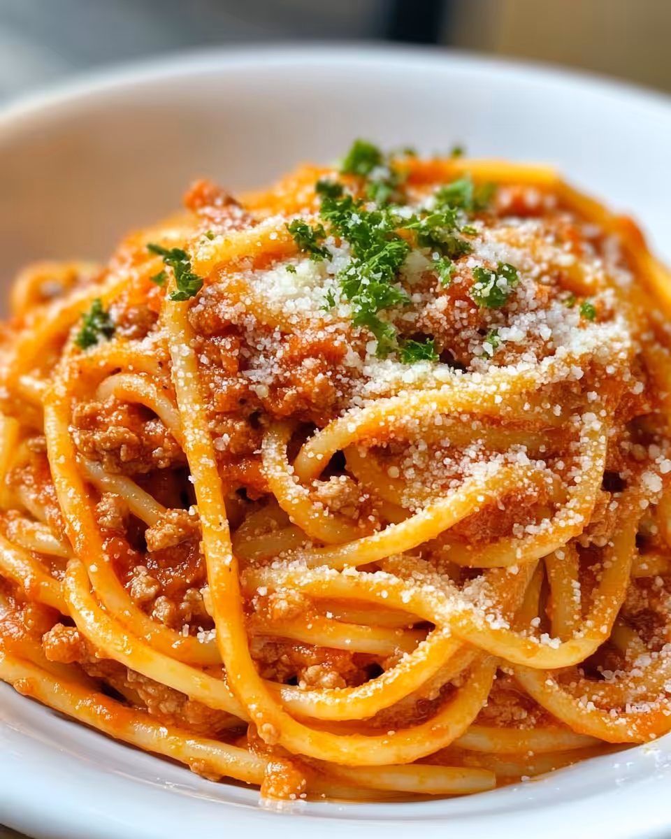 Finished homemade spaghetti sauce served over noodles