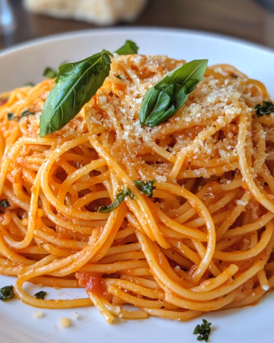 Final plated spaghetti with rich sauce and fresh basil