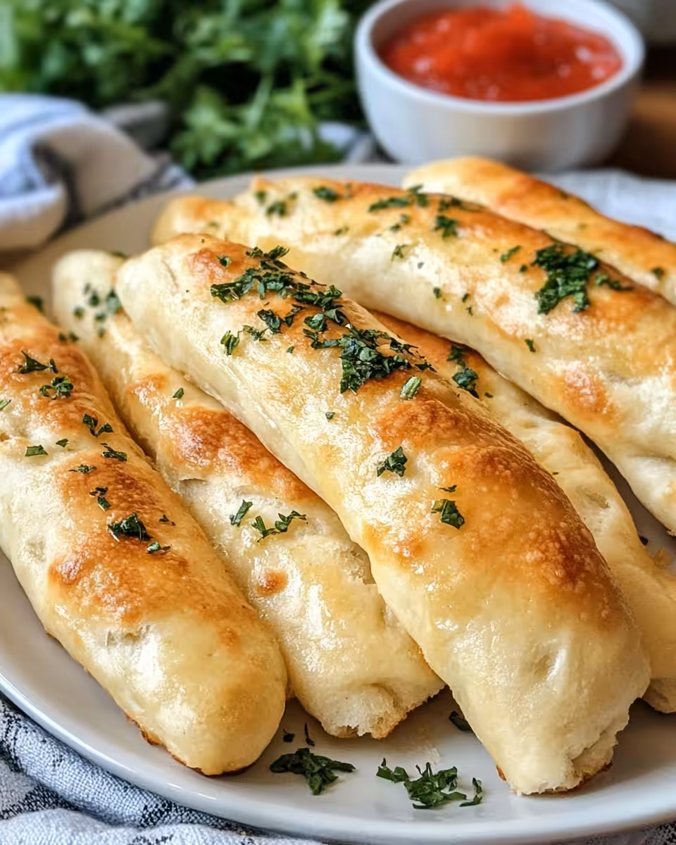 Golden olive garden style breadstick with buttery garlic topping