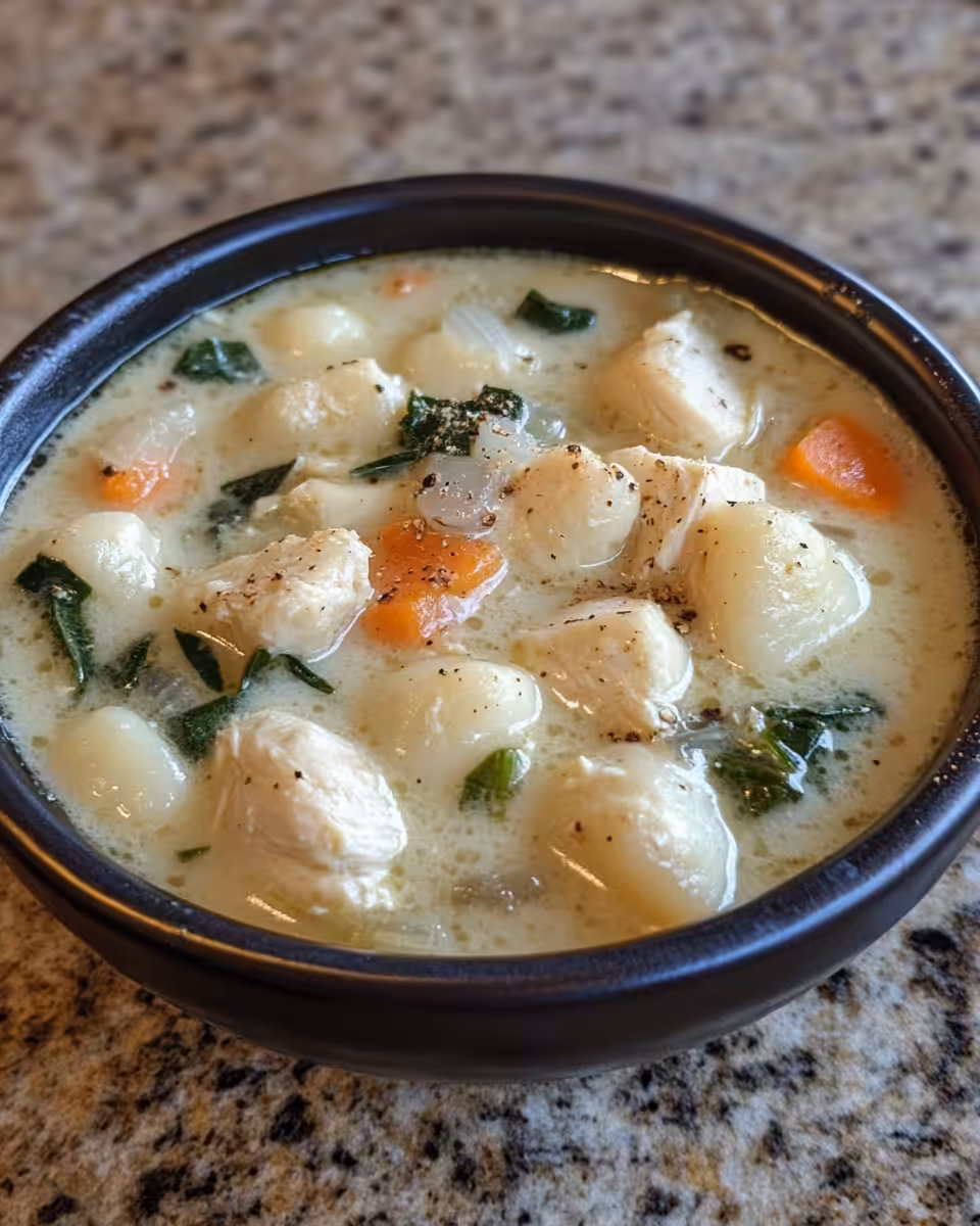 Finished bowl of creamy chicken gnocchi soup garnished with fresh thyme