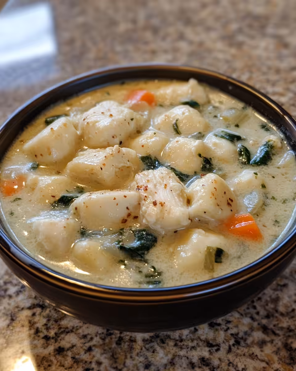 Steamy bowl of Olive Garden style chicken gnocchi soup fresh from pressure cooker